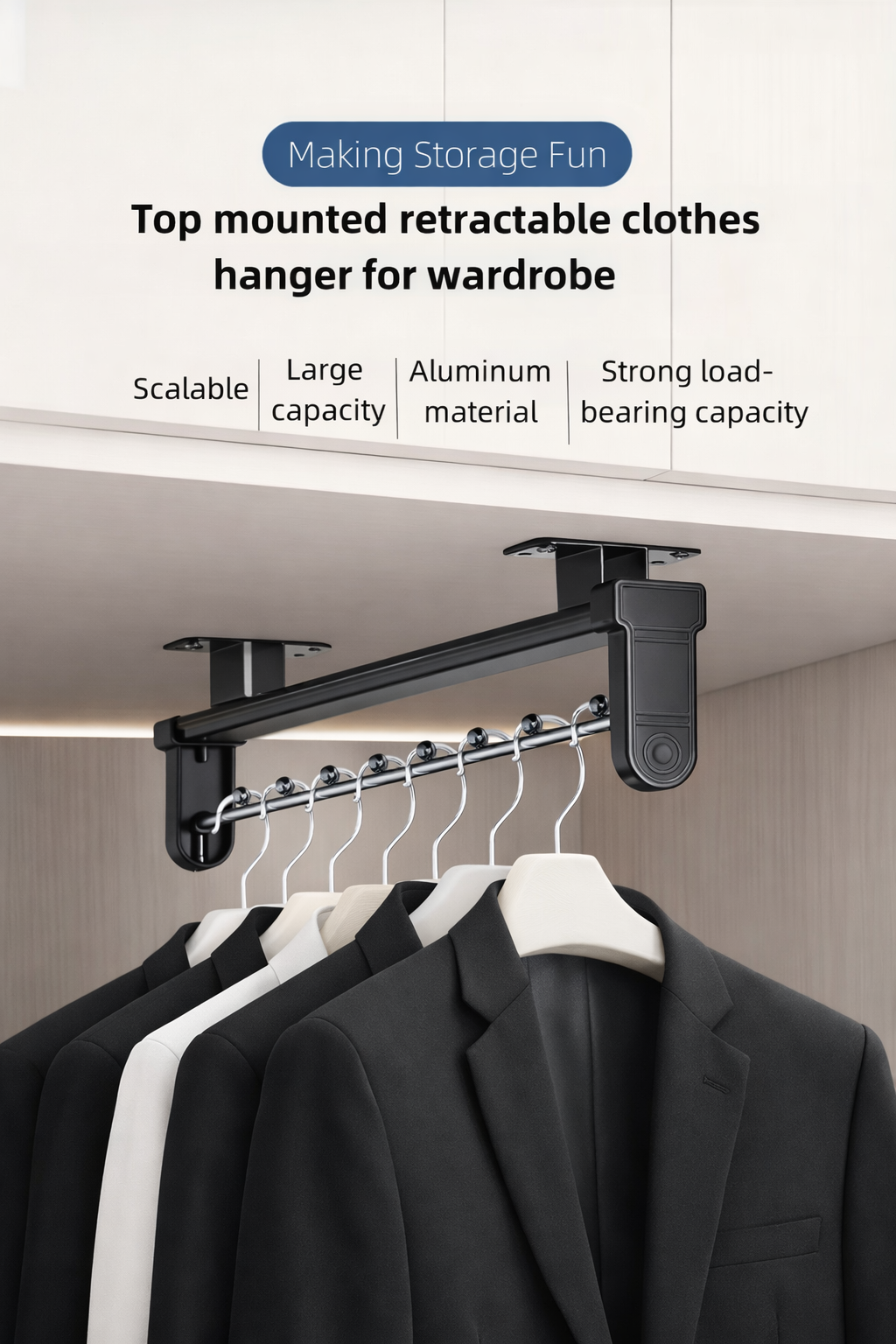 Barre de penderie coulissante pliable – gain de place pour dressing