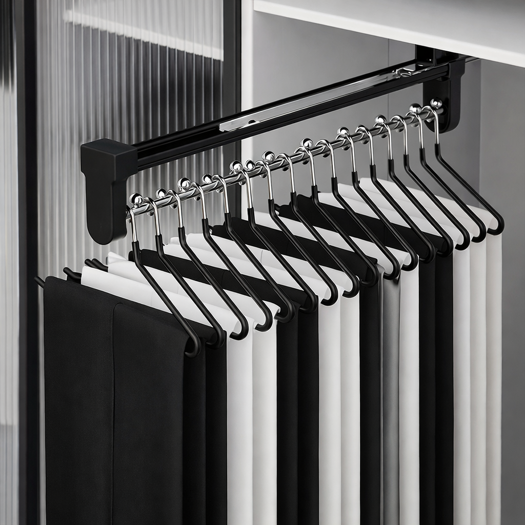 Barre de penderie coulissante pliable – gain de place pour dressing