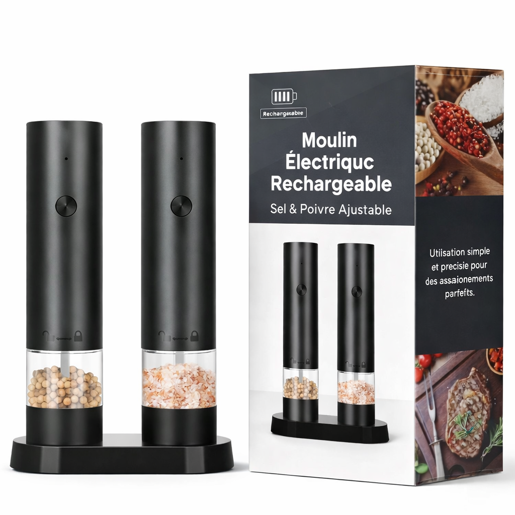 Moulin Électrique Rechargeable Sel & Poivre — Broyage Ajustable