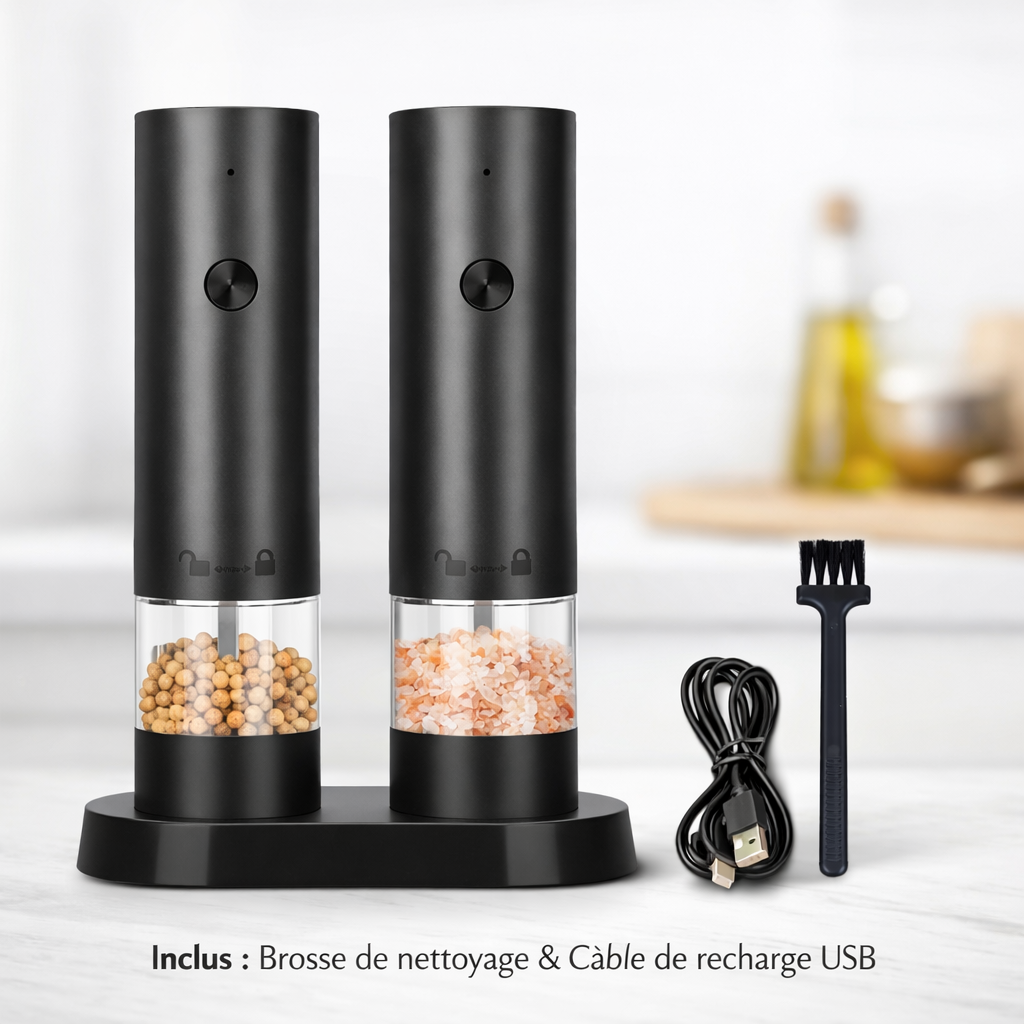 Moulin Électrique Rechargeable Sel & Poivre — Broyage Ajustable