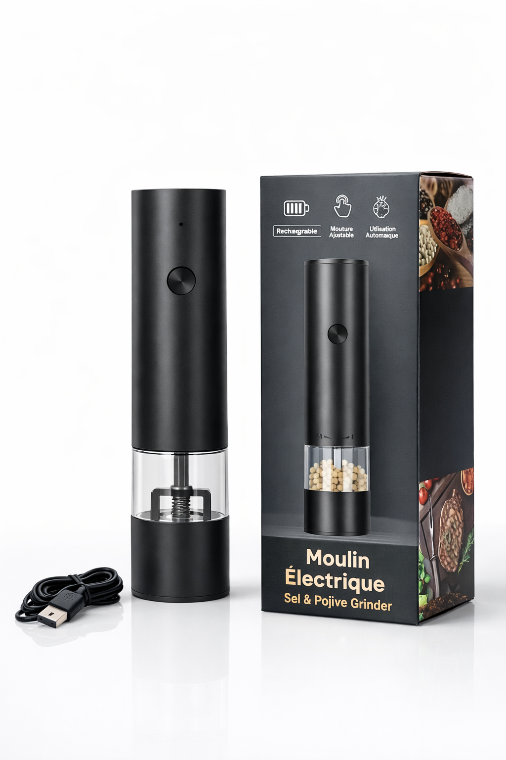 Moulin Électrique Rechargeable Sel & Poivre — Broyage Ajustable